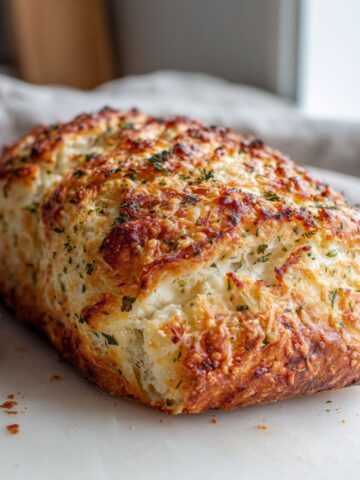 Overhead view of a rustic homemade parmesan bread recipe loaf with golden crust and melted cheese on a white kitchen counter.