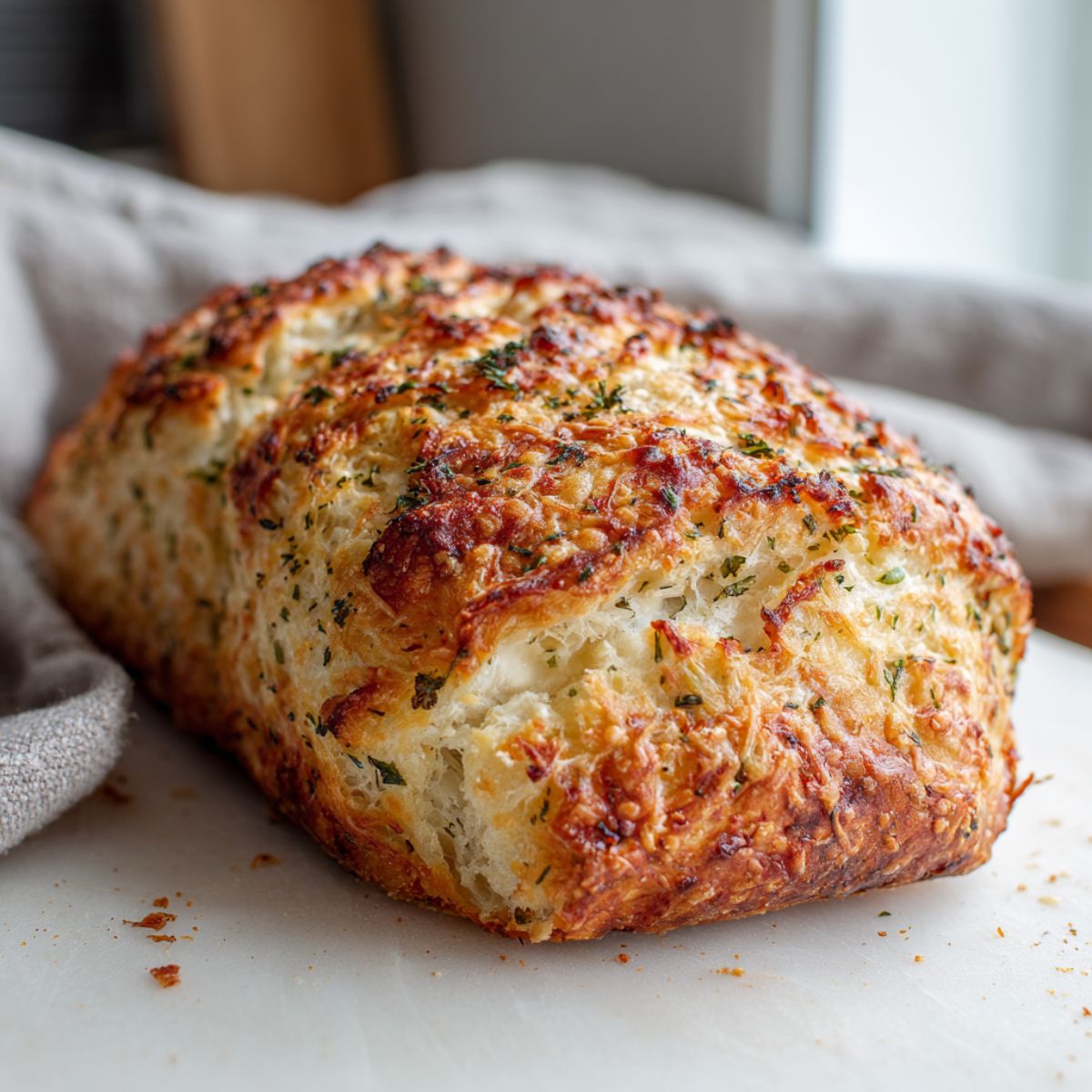 Overhead view of a rustic homemade parmesan bread recipe loaf with golden crust and melted cheese on a white kitchen counter.