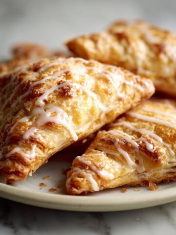Homemade peach turnovers recipe cooling on a wire rack with vanilla glaze, shot overhead on a white marble counter in natural light.