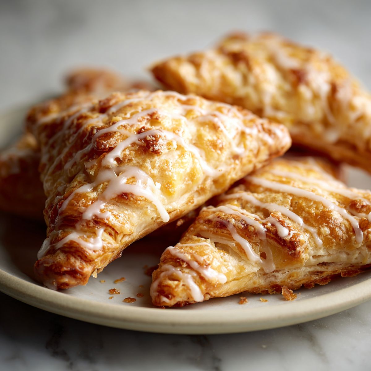 Homemade peach turnovers recipe cooling on a wire rack with vanilla glaze, shot overhead on a white marble counter in natural light.