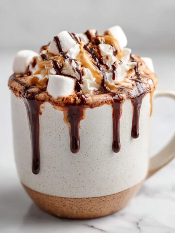 Homemade peanut butter hot chocolate recipe served in a mug with whipped cream and marshmallows on a white marble kitchen counter.
