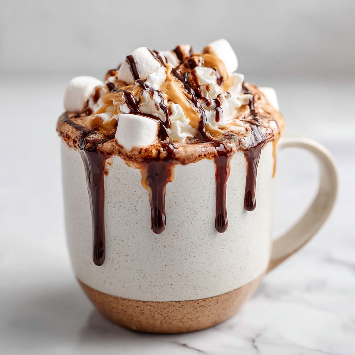 Homemade peanut butter hot chocolate recipe served in a mug with whipped cream and marshmallows on a white marble kitchen counter.
