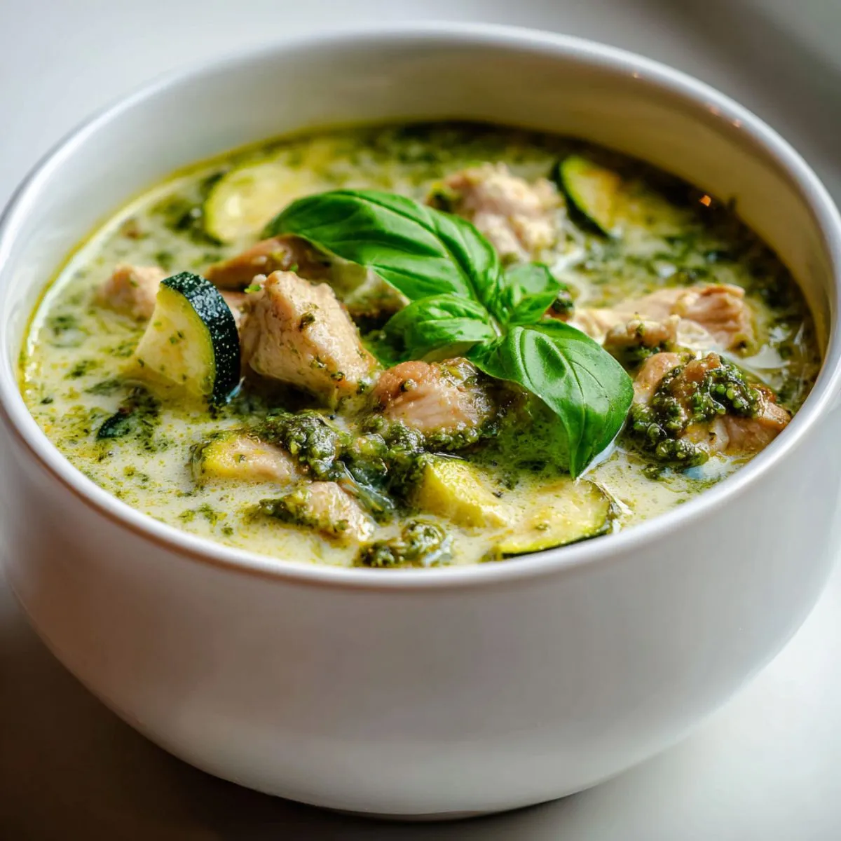 Homemade pesto chicken soup recipe in a bowl on a white kitchen counter with basil garnish, photographed from above.