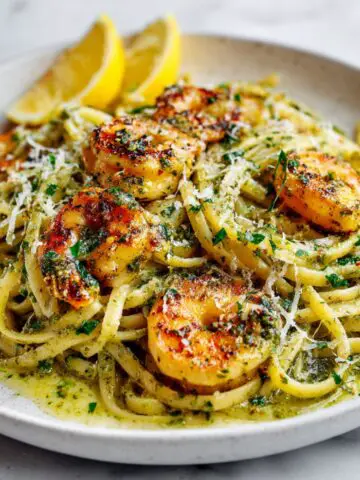 Homemade pesto shrimp linguine pasta recipe served in a white bowl on a marble counter, with shrimp, basil, and lemon wedges, captured from above in a cozy home kitchen.