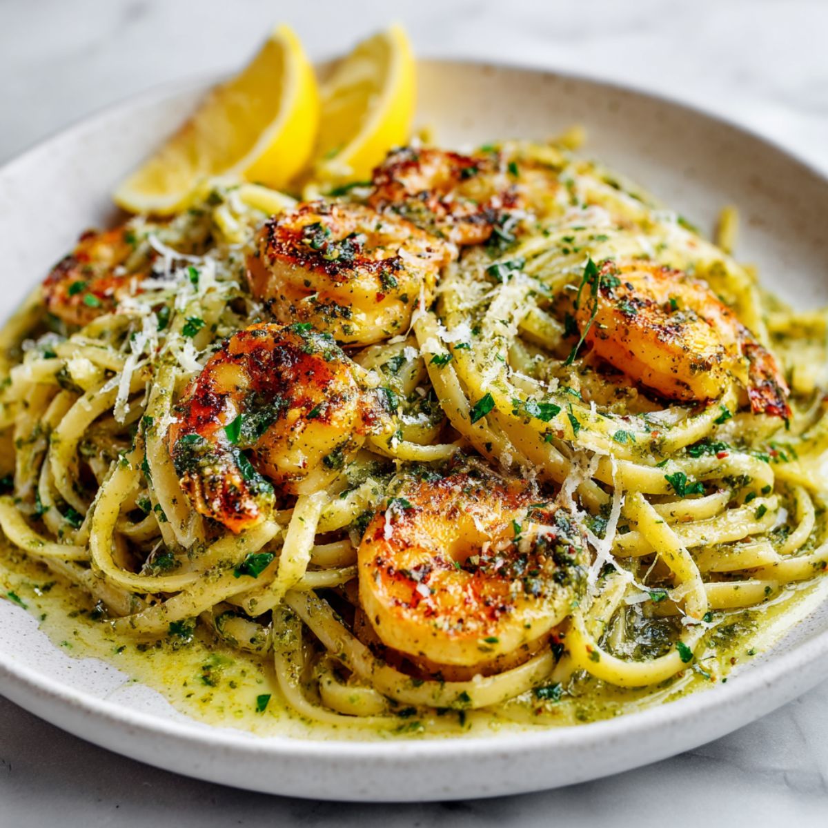 Homemade pesto shrimp linguine pasta recipe served in a white bowl on a marble counter, with shrimp, basil, and lemon wedges, captured from above in a cozy home kitchen.