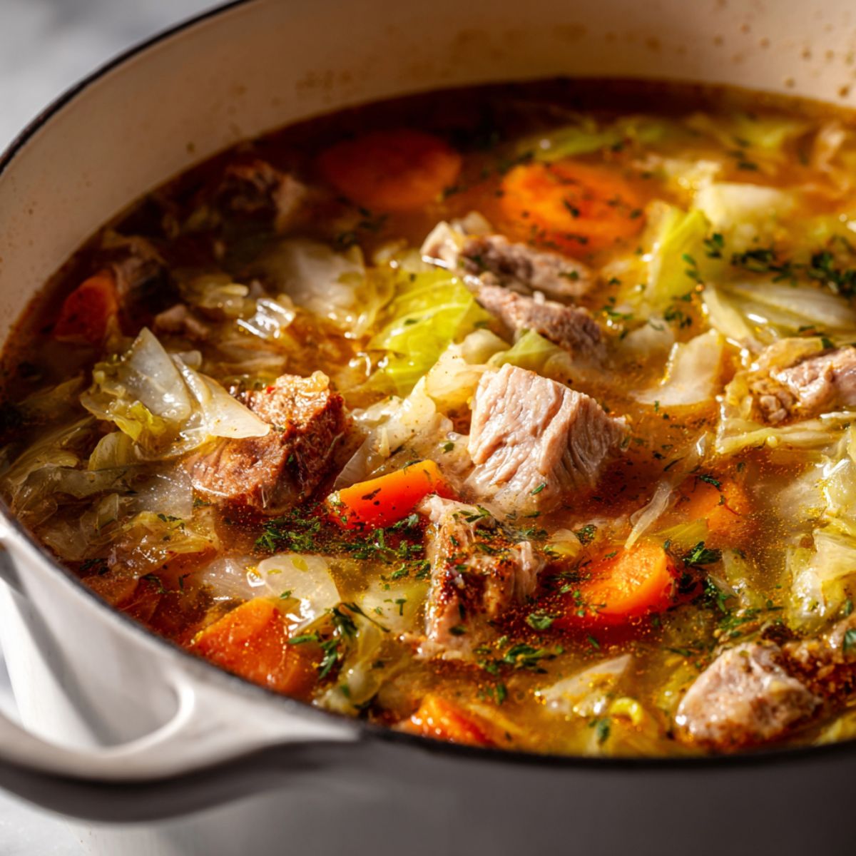Overhead shot of a homemade pork and cabbage soup recipe in a white pot on a kitchen counter, showing tender pork chunks, cabbage, and carrots in golden broth.