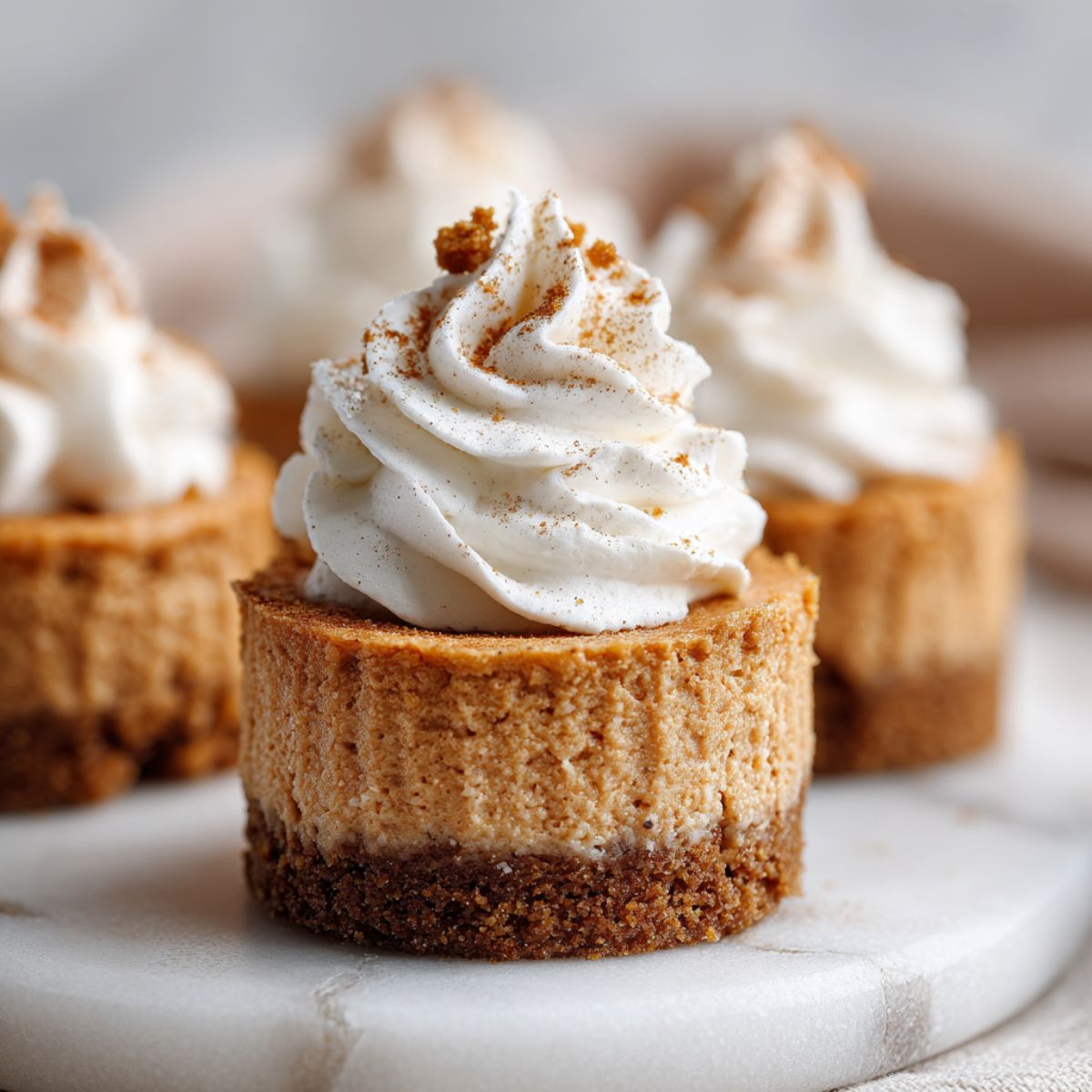 Overhead view of pumpkin spice cheesecake bites recipe ingredients on a white marble kitchen counter, including cream cheese, pumpkin puree, graham crumbs, and spices in glass bowls.