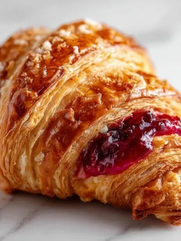 Overhead shot of homemade raspberry croissants recipe on a white marble counter with jam oozing out and flaky layers, captured in natural daylight for a homemade feel.