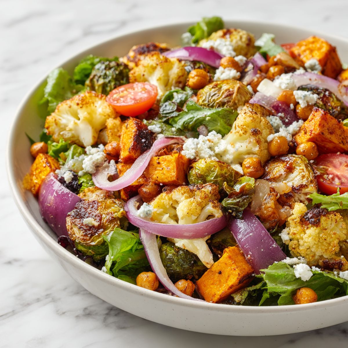 Overhead shot of a homemade roasted salad recipe with sweet potatoes, cauliflower, Brussels sprouts, and feta on a white kitchen counter.