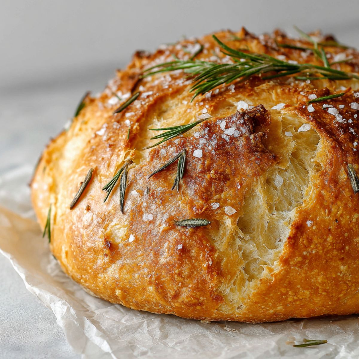 Overhead view of a rustic homemade rosemary bread recipe loaf with golden crust and rosemary sprigs on a white kitchen counter.