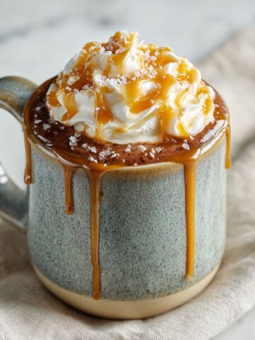 Homemade salted caramel hot cocoa recipe in a ceramic mug with whipped cream, caramel drizzle, and sea salt on a white marble kitchen counter, overhead view.