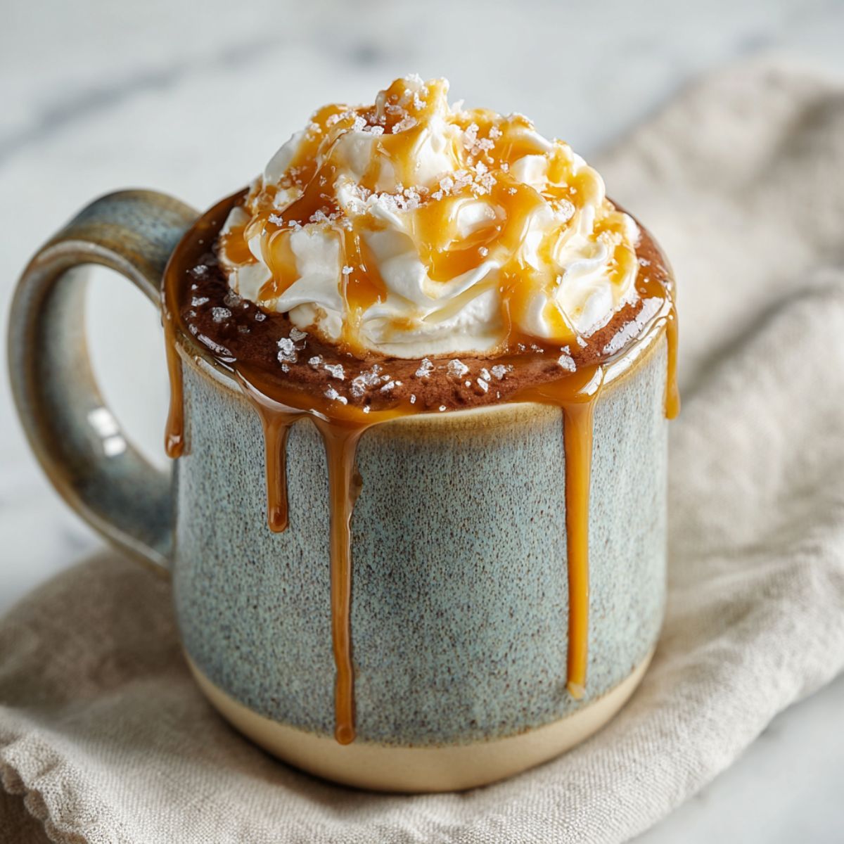 Homemade salted caramel hot cocoa recipe in a ceramic mug with whipped cream, caramel drizzle, and sea salt on a white marble kitchen counter, overhead view.
