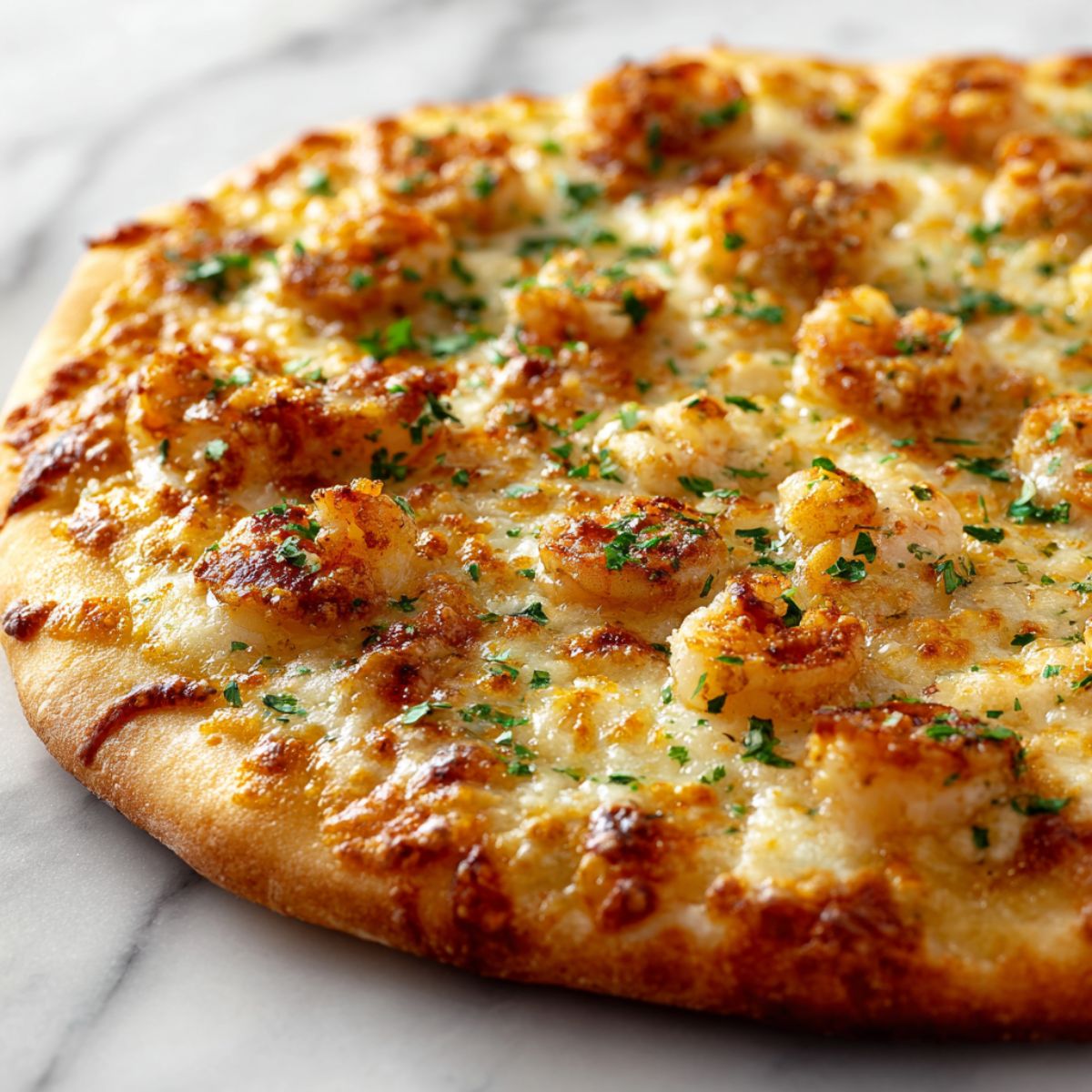 Homemade shrimp scampi pizza recipe with golden crust, garlic butter sauce, and melted cheese on a white kitchen counter, photographed from above.