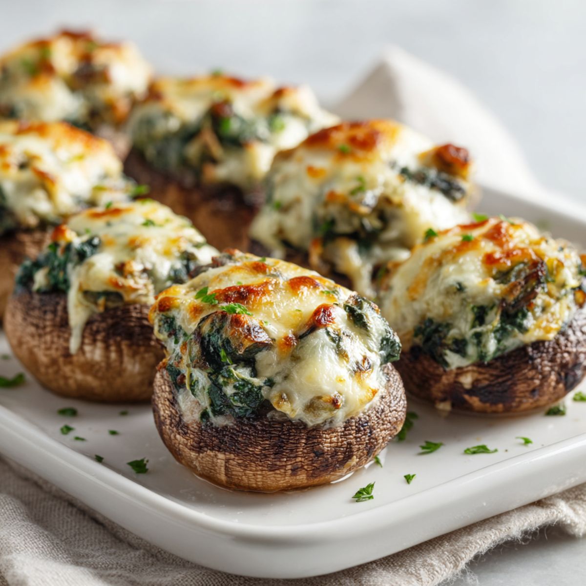 Homemade spinach artichoke stuffed mushrooms recipe fresh from the oven on a white plate, photographed on a clean kitchen counter from an overhead angle.