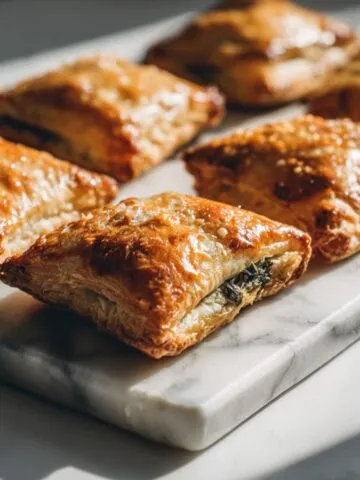 Homemade spinach puff pastries recipe freshly baked on a white kitchen counter, golden and flaky with visible spinach filling, photographed from above in natural light.