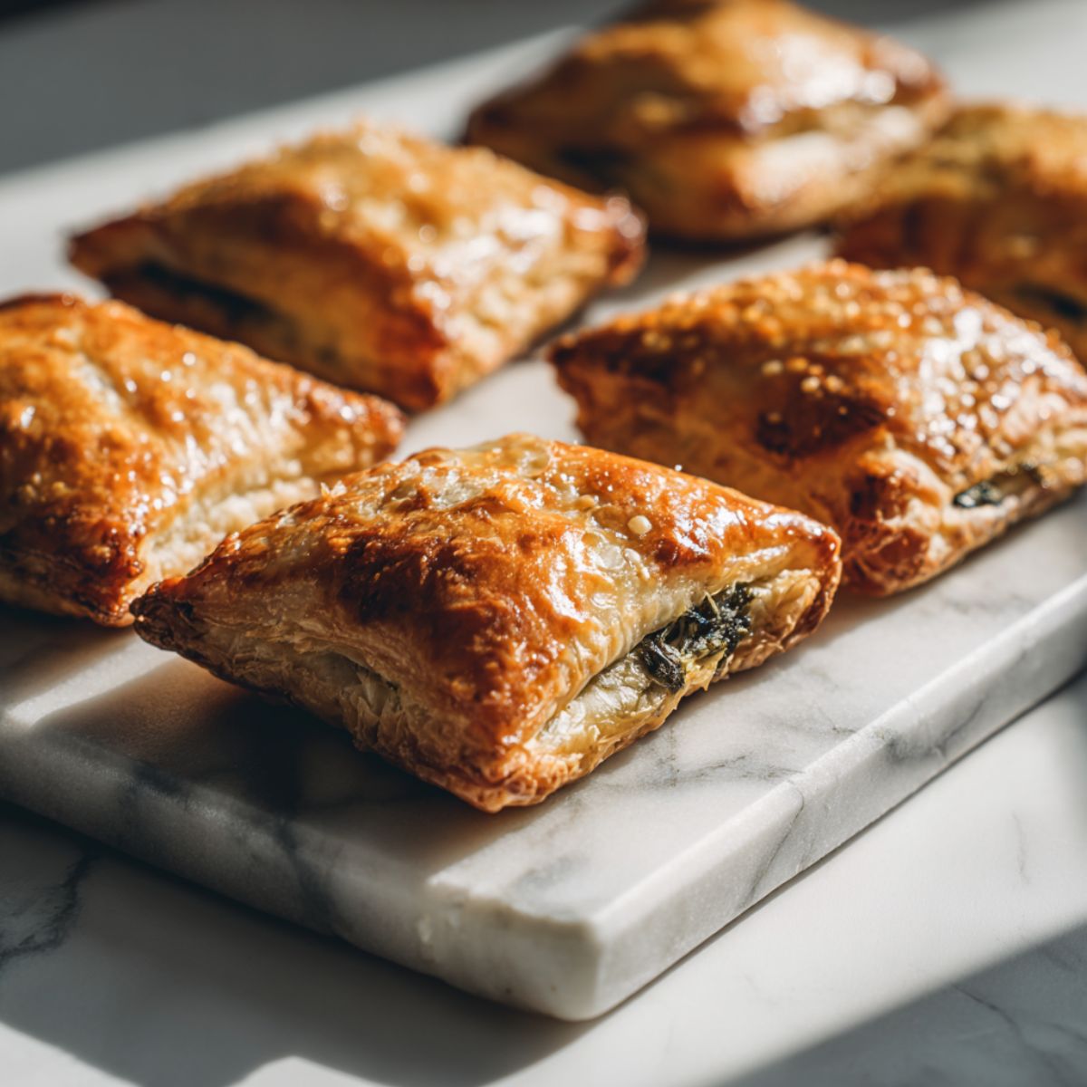 Homemade spinach puff pastries recipe freshly baked on a white kitchen counter, golden and flaky with visible spinach filling, photographed from above in natural light.