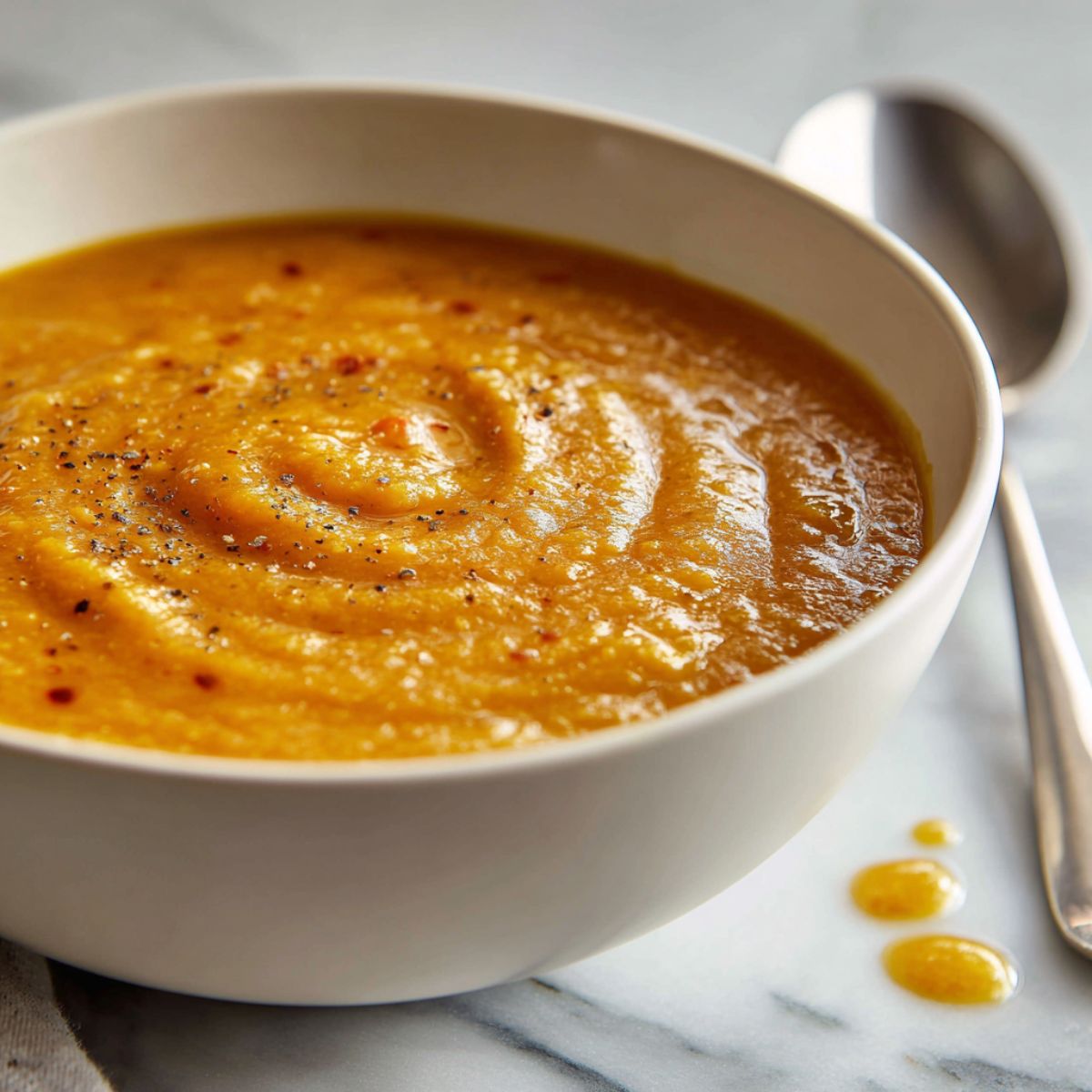 Overhead photo of a homemade sweet potato and red lentil soup recipe in a white bowl on a marble kitchen counter, looking cozy and rustic.
