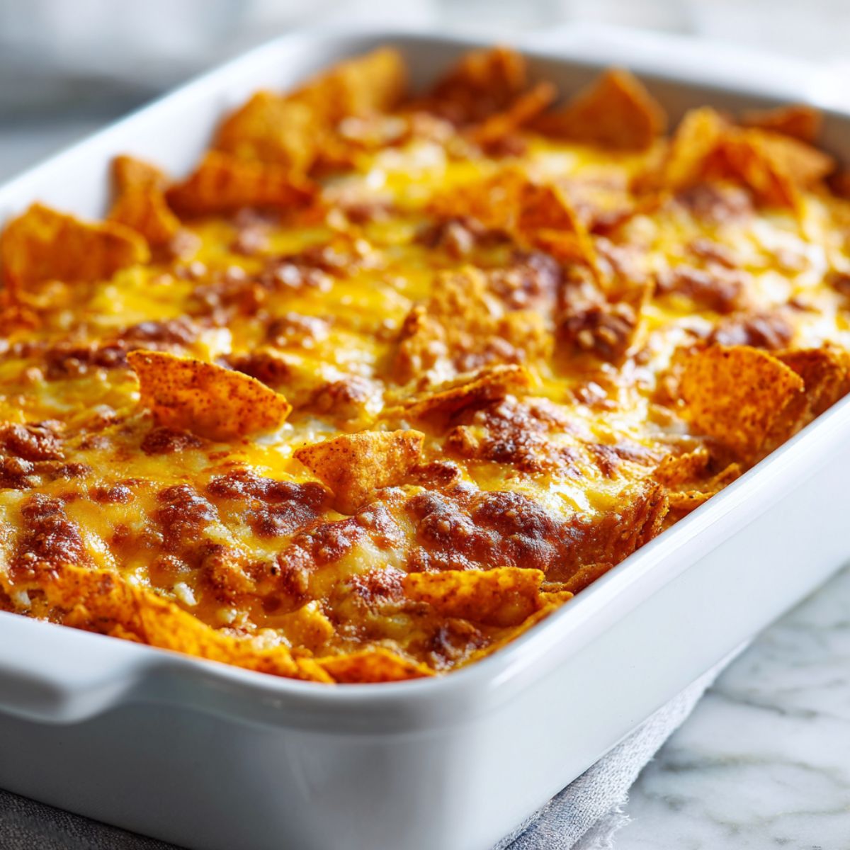Homemade Taco Dorito Casserole Recipe fresh out of the oven with melted cheese and crunchy Doritos on a white kitchen counter, photographed from above.