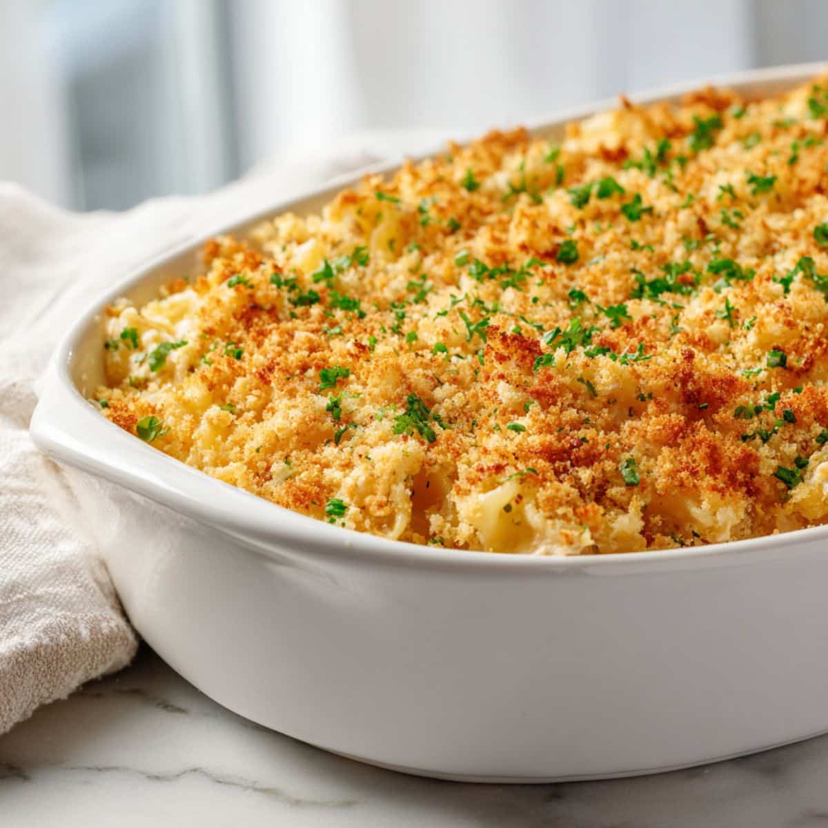 Overhead shot of a freshly baked creamy tuna noodle casserole recipe with golden cheese and breadcrumb topping on a white kitchen counter, looking homemade and cozy.