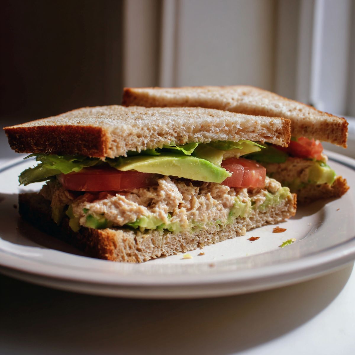 Homemade tuna avocado sandwich recipe cut in half on a plate with lettuce and tomato, taken from above on a white kitchen counter.