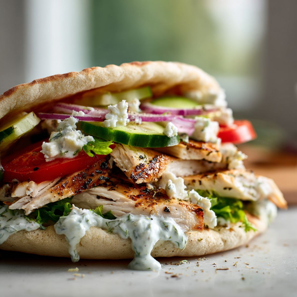 Homemade Greek tzatziki chicken sandwich recipe in pita bread with fresh vegetables and yogurt sauce on a white kitchen counter.