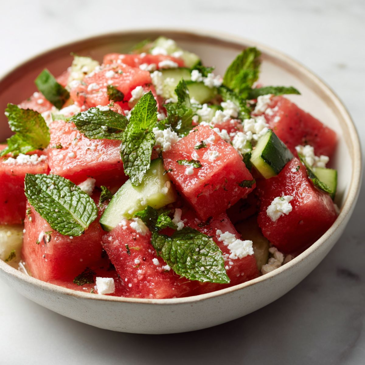 Homemade watermelon mint salad recipe with feta and cucumber served in a glass bowl on a white marble counter, photographed from above.