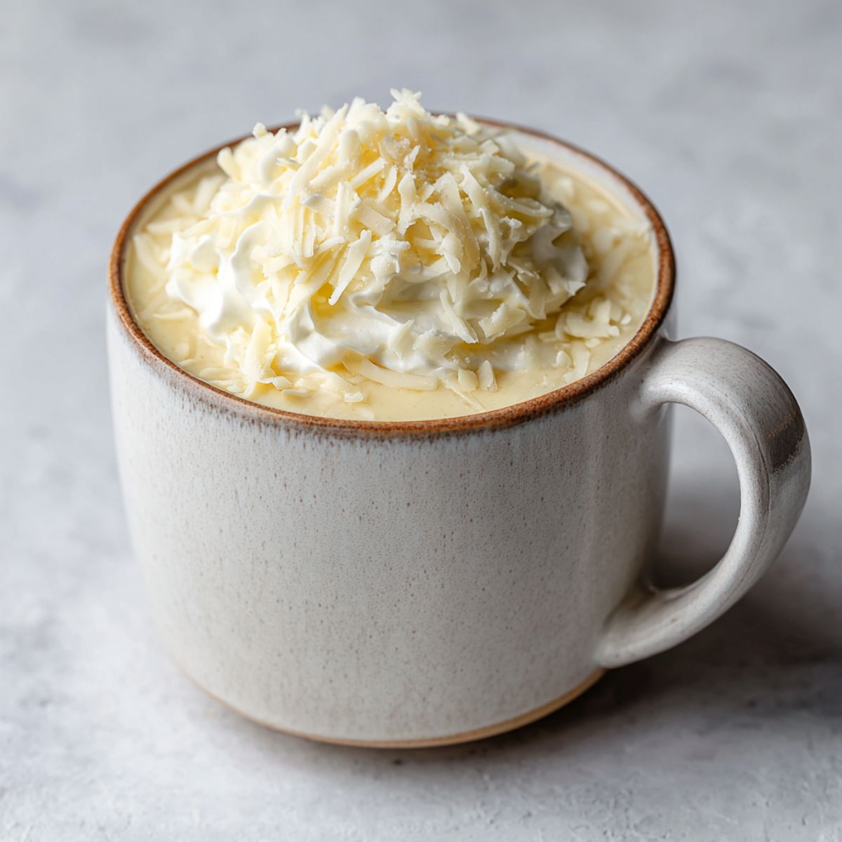 “Homemade white chocolate hot chocolate recipe topped with whipped cream and chocolate shavings on a white marble counter, cozy winter setting, overhead shot”