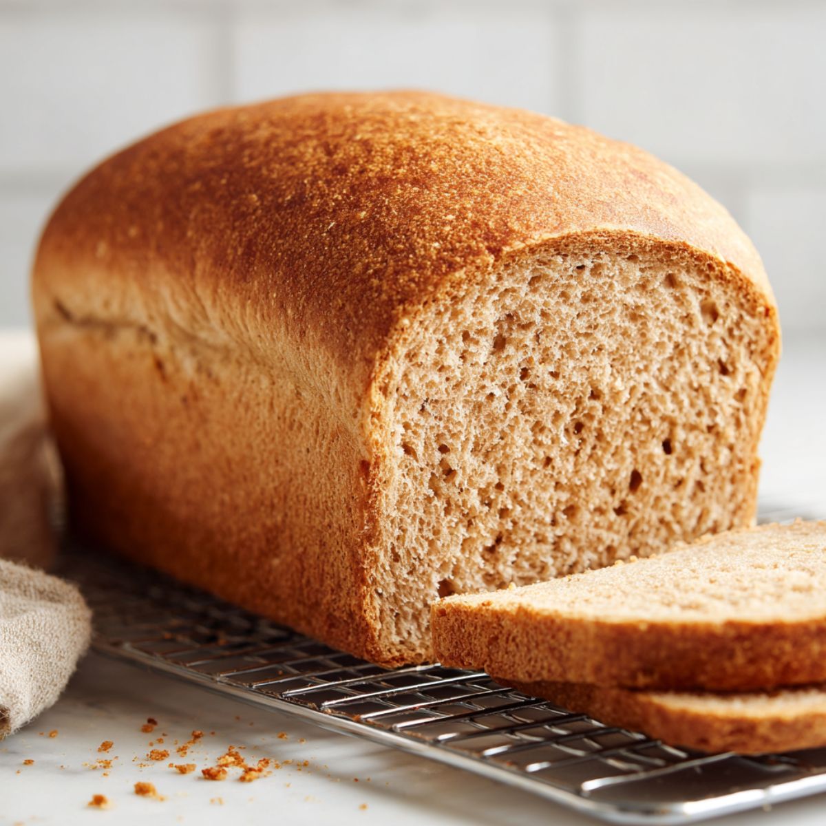 Homemade whole wheat sandwich bread recipe loaf sliced on a cooling rack with a soft fluffy texture, crumbs scattered on a white kitchen counter.
