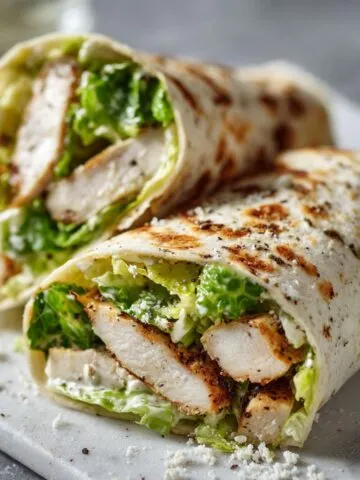 Overhead shot of a homemade chicken Caesar salad wrap recipe sliced in half on a white kitchen counter with natural light, looking casual and freshly made.