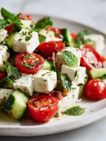 Overhead shot of a homemade feta mint salad recipe with cucumber, cherry tomatoes, fresh mint, and feta cubes on a white kitchen counter.