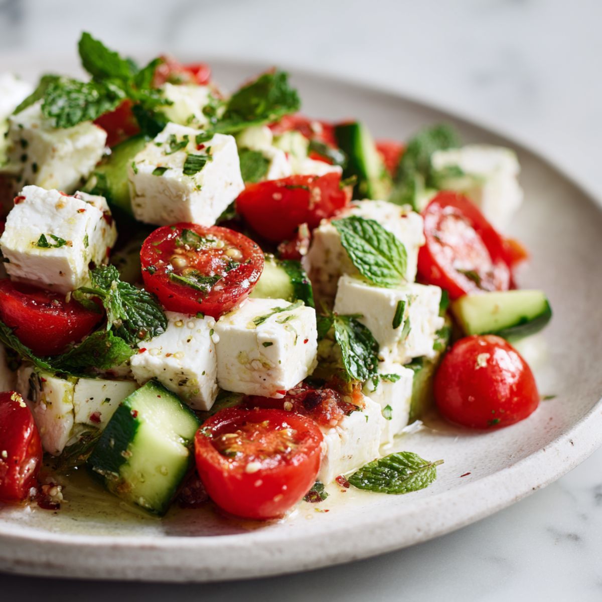 Overhead shot of a homemade feta mint salad recipe with cucumber, cherry tomatoes, fresh mint, and feta cubes on a white kitchen counter.