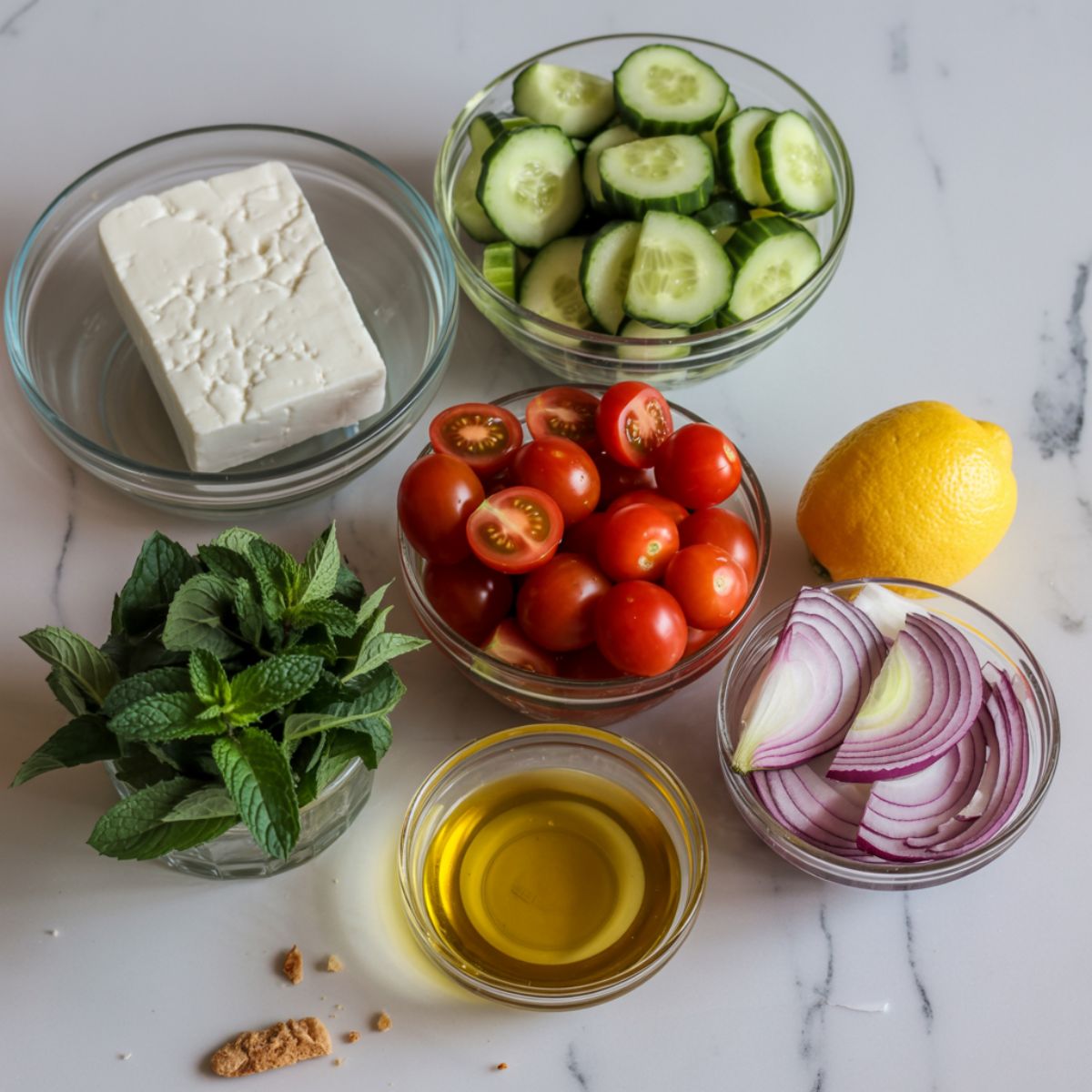 Overhead view of fresh salad ingredients including feta cheese, cucumber, tomatoes, mint, onion, and lemon on a white kitchen counter.