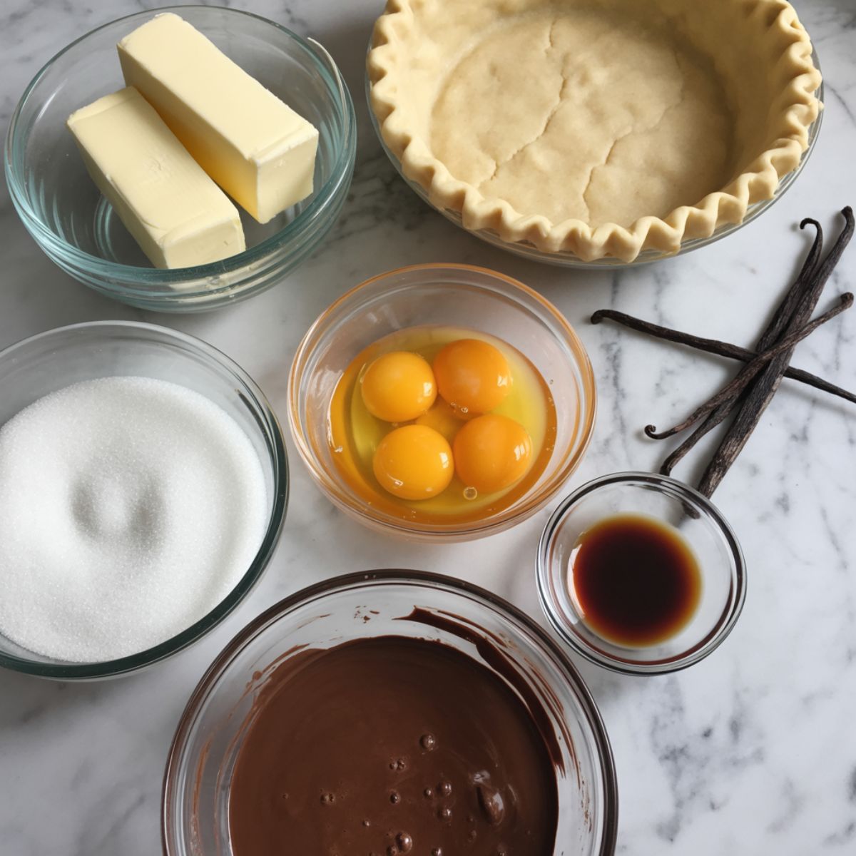 Ingredients for homemade French Silk Chocolate Pie laid out on a white kitchen counter.