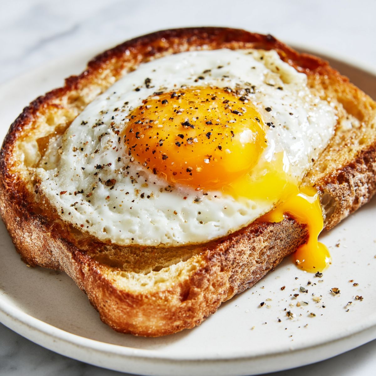 Overhead view of homemade fried egg toast recipe with runny yolk on white marble counter, served simply with black pepper.
