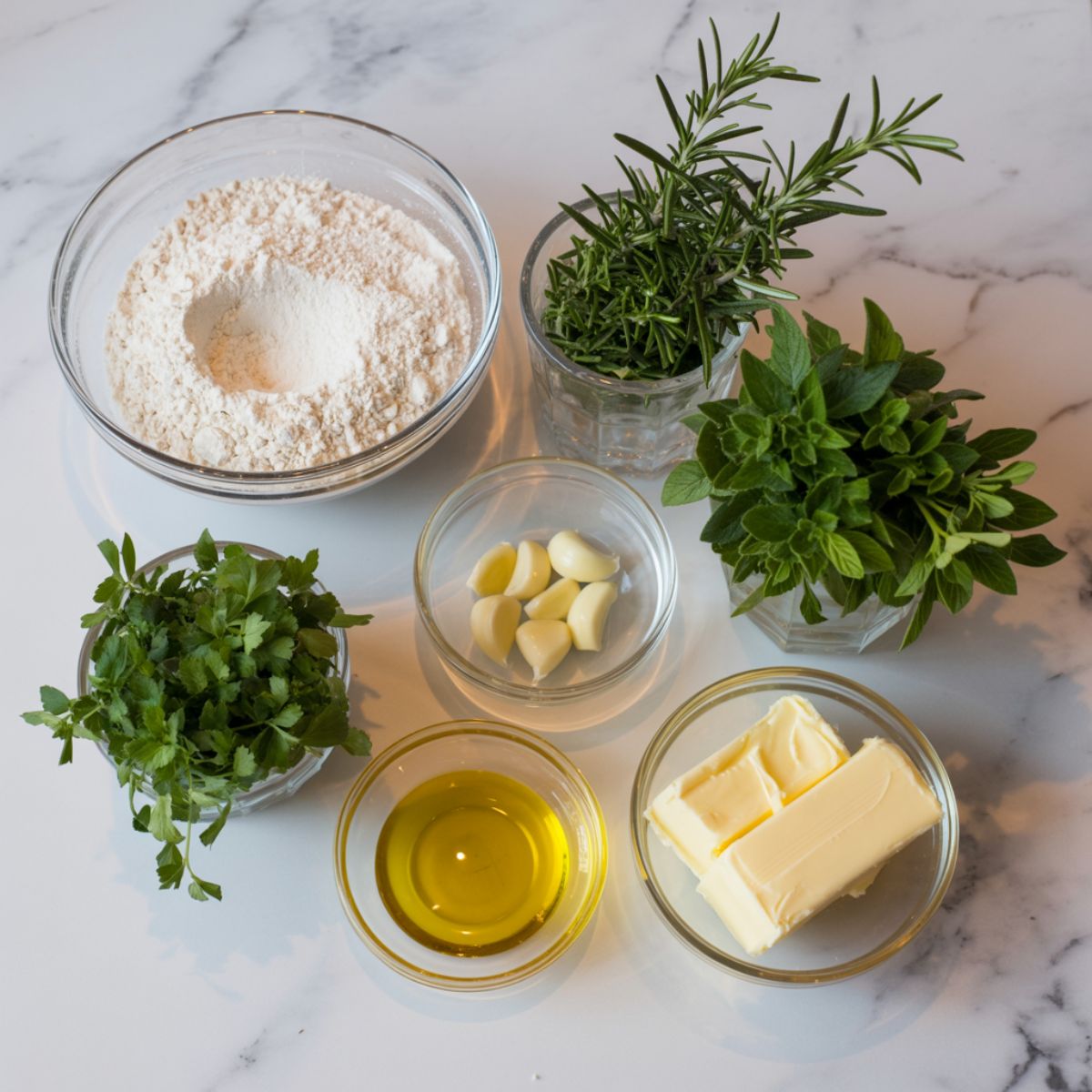 Ingredients for garlic herb bread laid out on a white marble counter, including flour, herbs, garlic, olive oil, and butter.