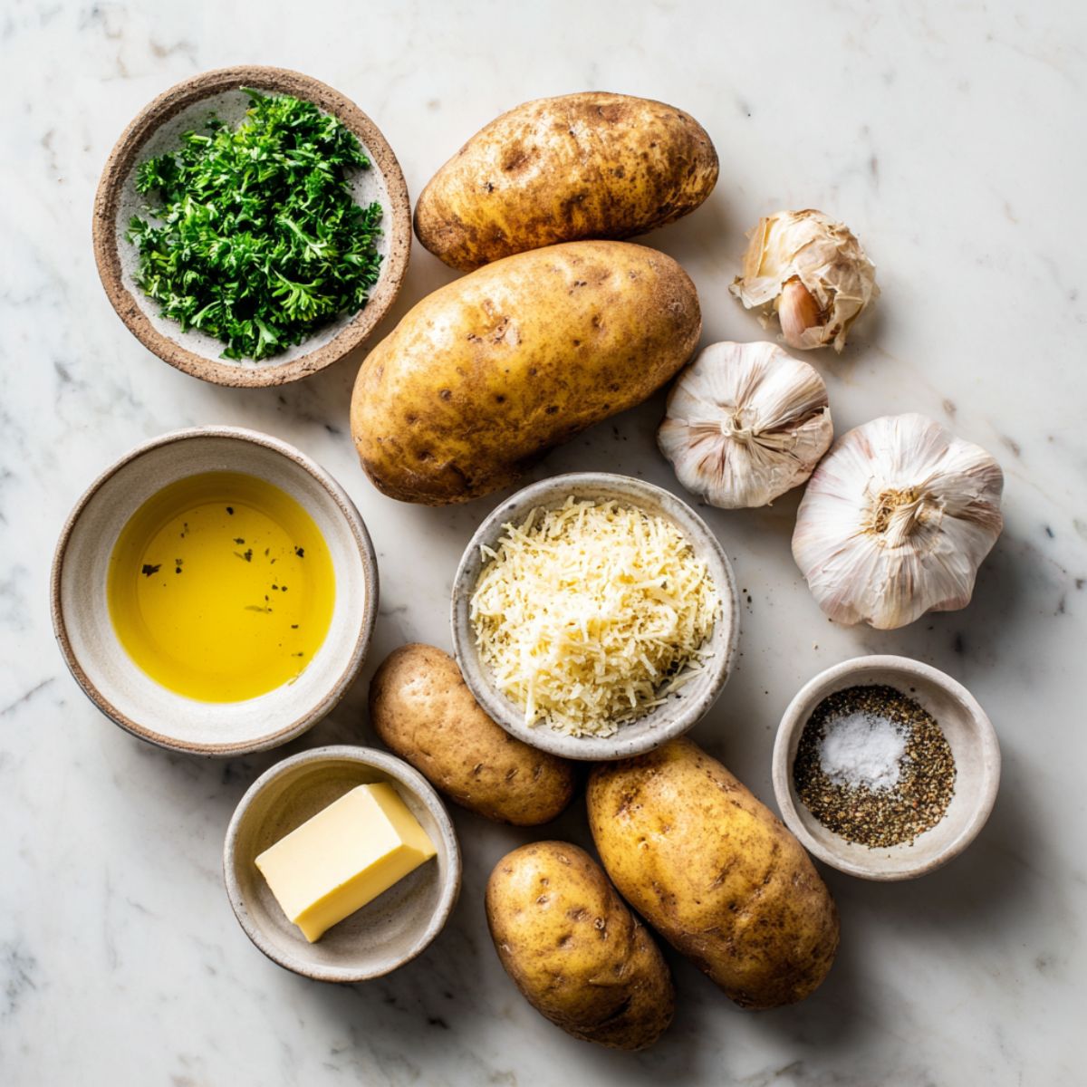 Overhead shot of rustic ingredients for garlic parmesan potatoes on a white counter — russet potatoes, olive oil, fresh garlic, parmesan, butter, and herbs arranged casually with a homemade feel.