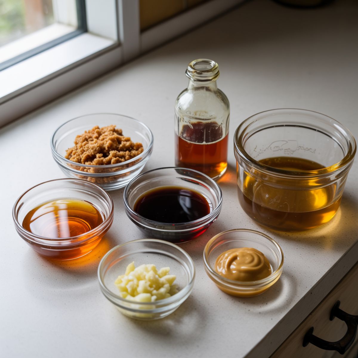 Overhead photo of glaze ingredients for homemade pork tenderloin including honey, brown sugar, soy sauce, garlic cloves, and Dijon mustard on a white kitchen counter, taken naturally by an amateur cook.