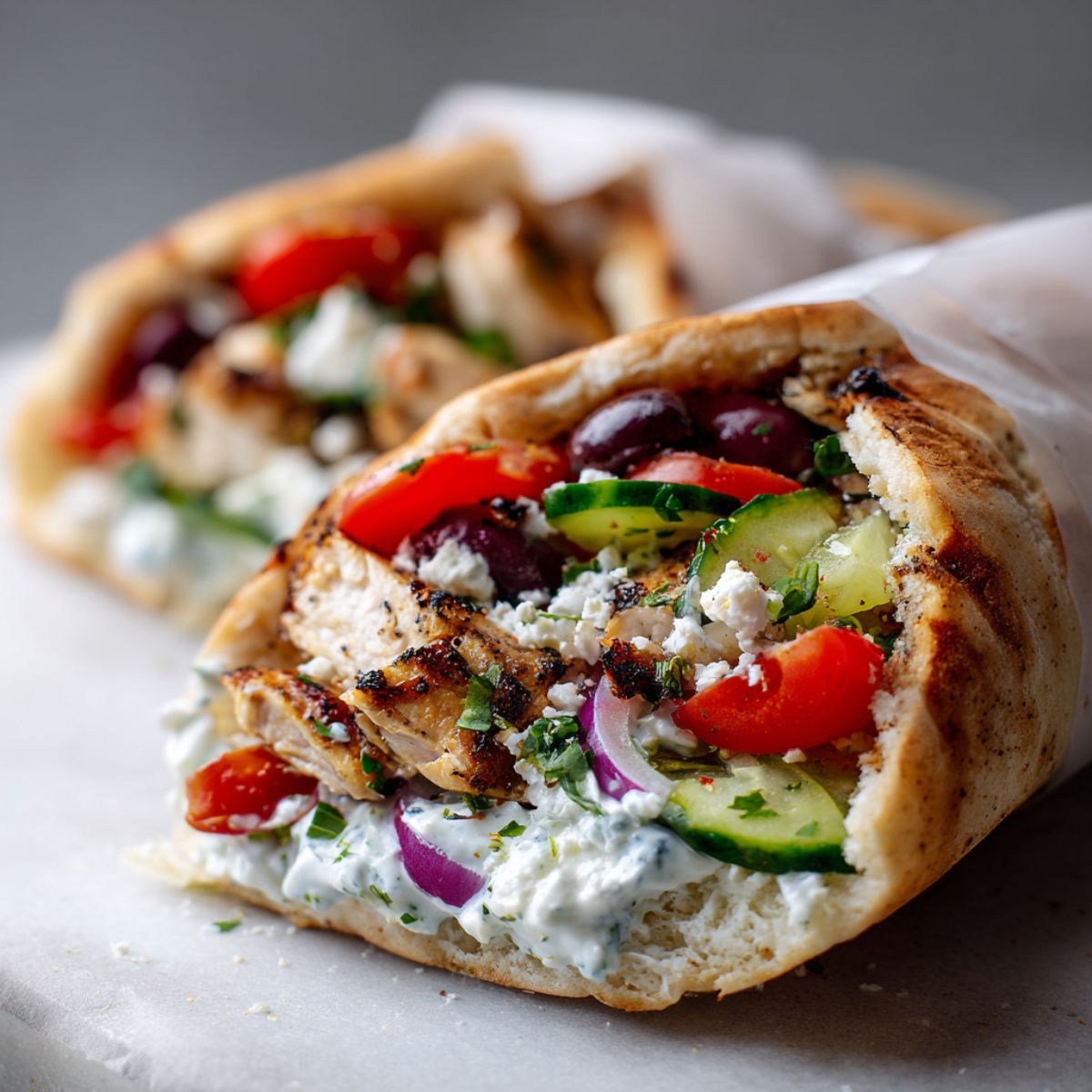 Overhead view of a homemade Greek sandwich recipe with pita, tzatziki, feta, cucumbers, and tomatoes, wrapped in parchment paper on a white kitchen counter.