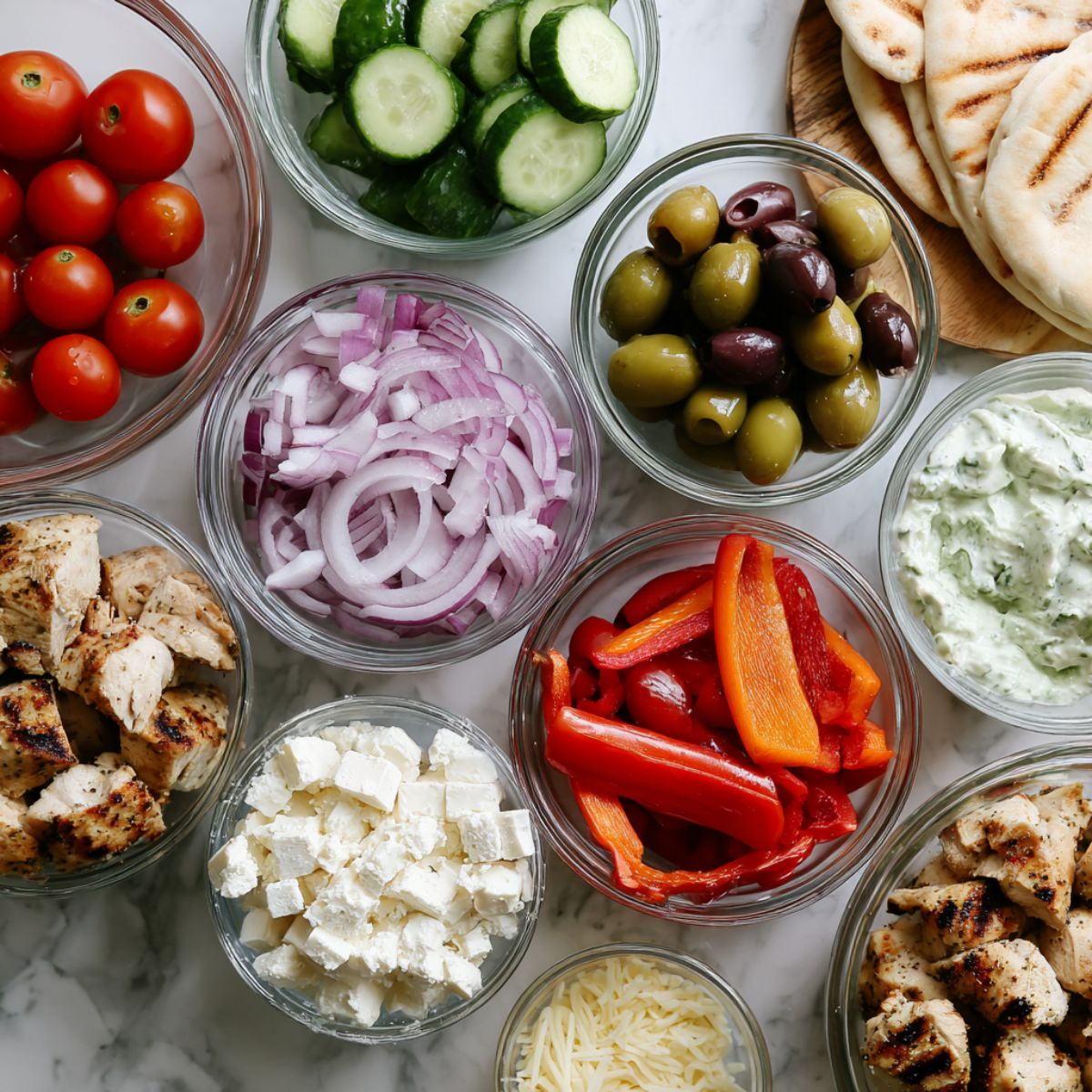 Overhead photo of fresh Greek sandwich ingredients including pita bread, tzatziki, cucumbers, tomatoes, feta, olives, onions, and grilled chicken on a white kitchen counter.