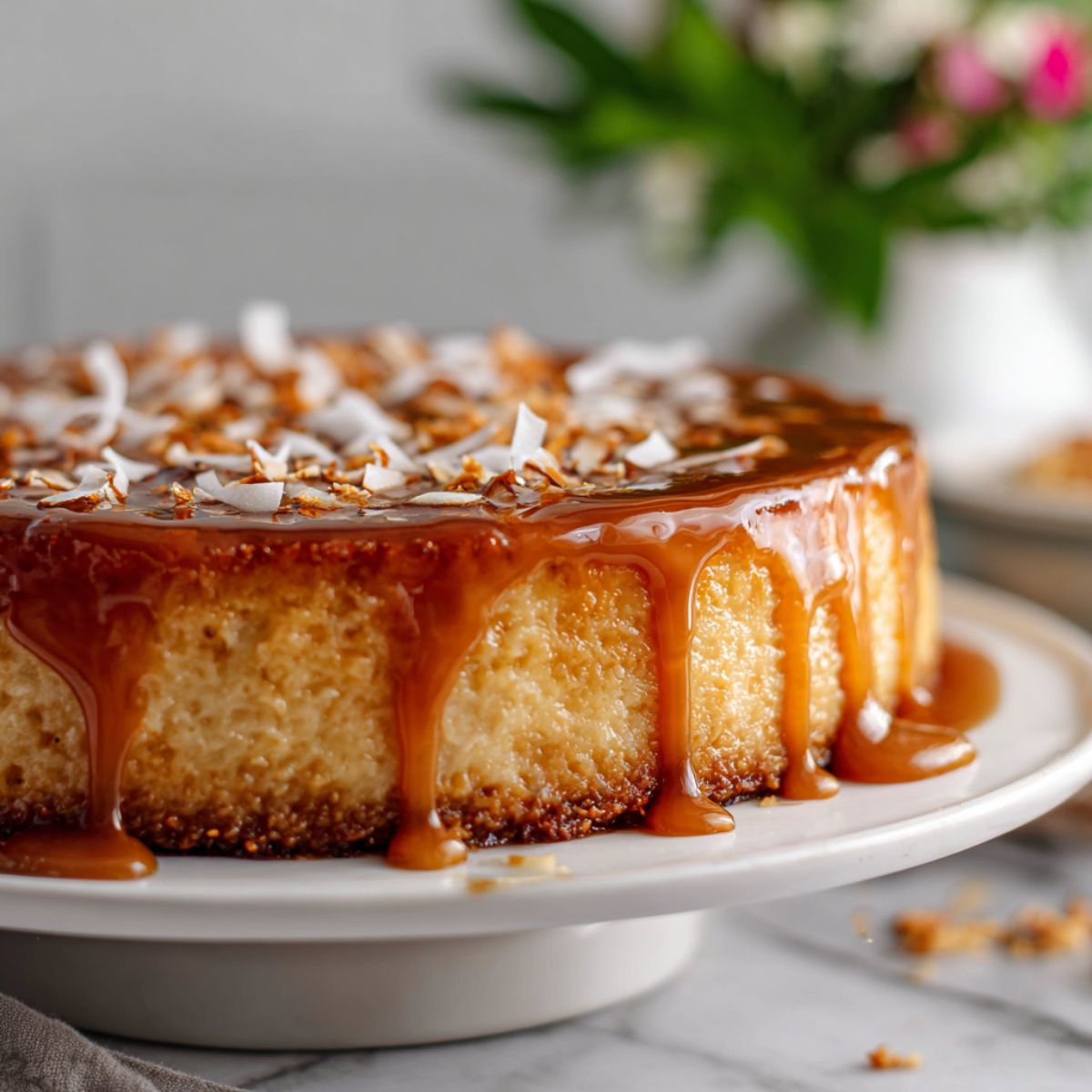 Homemade coconut flan cake recipe with golden caramel dripping down the sides on a white kitchen counter, photographed from above with a natural, homemade feel
