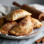 Overhead shot of homemade cream cheese empanadas recipe on a white marble counter with a rustic, golden-brown crust, showing a cozy homemade feel.