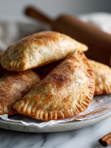 Overhead shot of homemade cream cheese empanadas recipe on a white marble counter with a rustic, golden-brown crust, showing a cozy homemade feel.