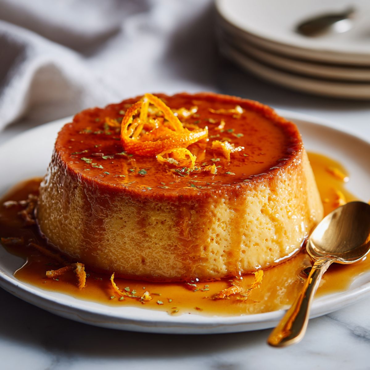 Flat lay of ingredients for homemade orange flan recipe including fresh oranges, eggs, condensed milk, evaporated milk, and sugar on a white kitchen counter in natural light with a slightly messy, homemade look.