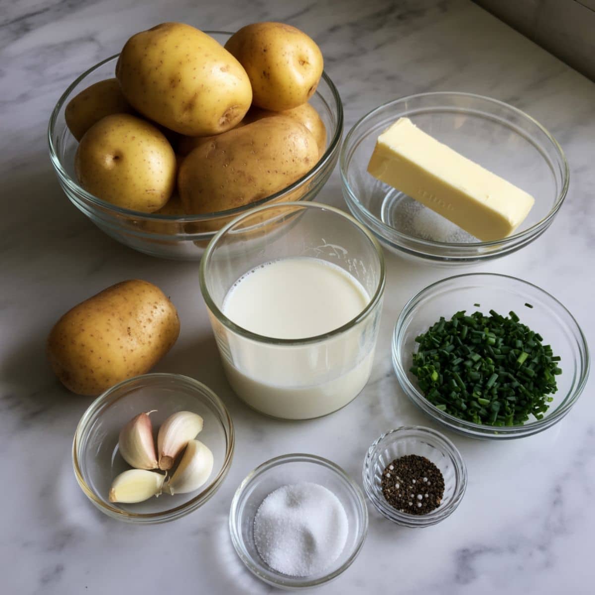 Overhead image of Yukon gold potatoes, butter, buttermilk, garlic, chives, salt, and pepper on a white kitchen counter, photographed casually in natural light.