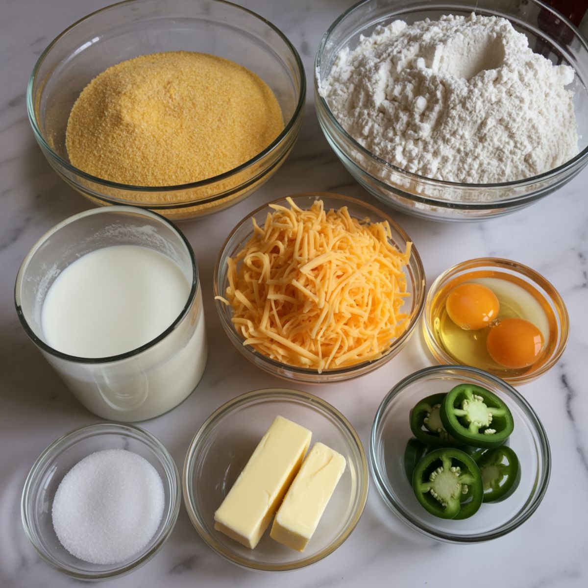 Flat lay of cornbread ingredients including cornmeal, flour, shredded cheddar cheese, eggs, buttermilk, butter, sugar, and jalapeños on a white kitchen counter.