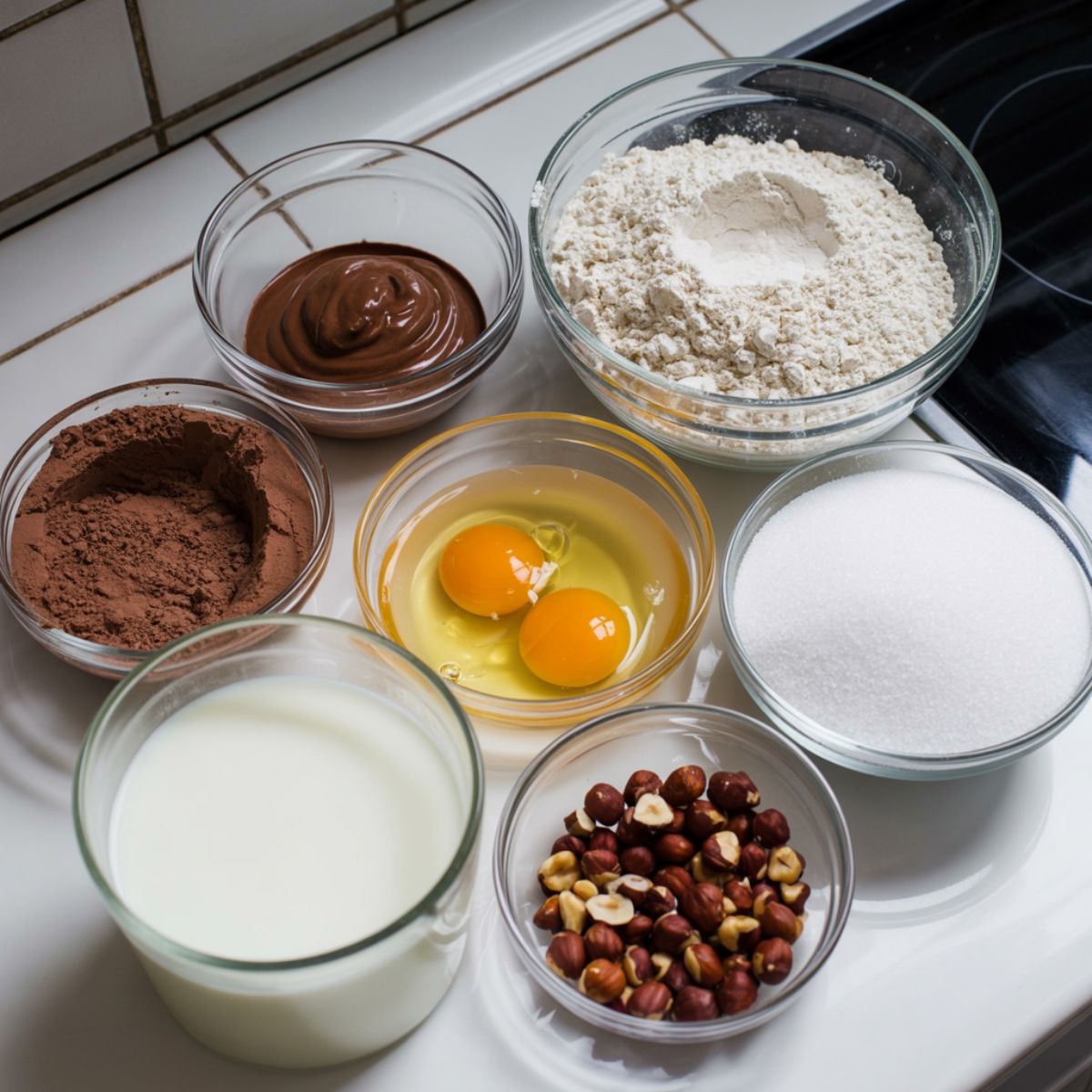 “Overhead view of chocolate hazelnut cake ingredients like cocoa powder, Nutella, eggs, milk, and roasted hazelnuts on a white kitchen counter with a casual homemade feel.”
