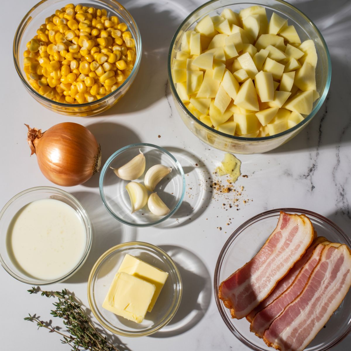Overhead shot of creamy corn chowder ingredients — corn, potatoes, onion, celery, cream, and herbs on a white marble kitchen counter.