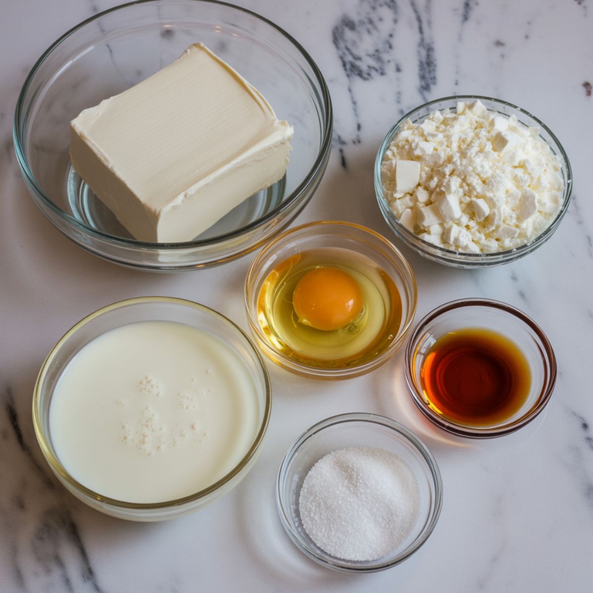 Overhead shot of cream cheese flan ingredients on a white kitchen counter — cream cheese, eggs, condensed milk, evaporated milk, sugar, and vanilla.