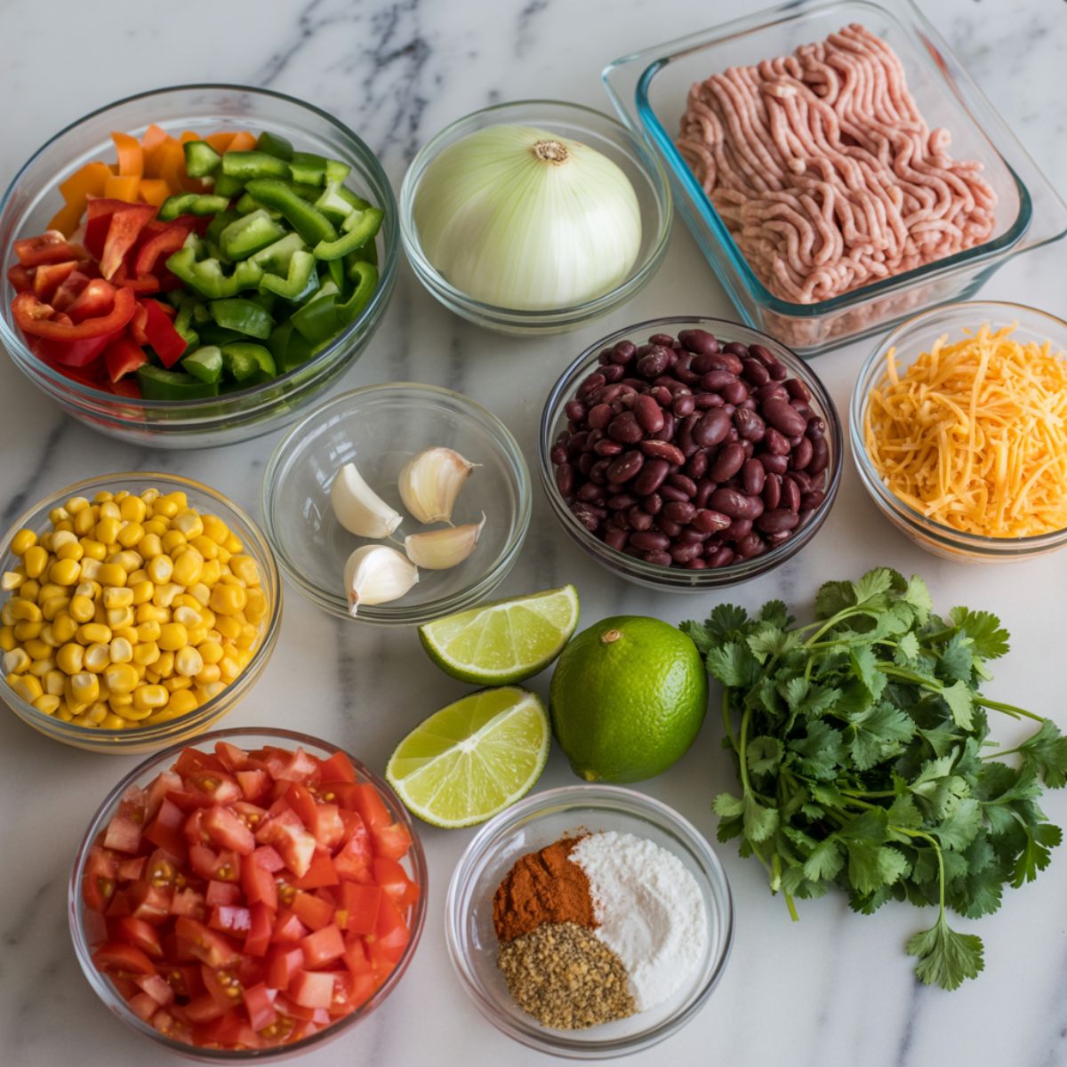 Overhead view of ground turkey taco skillet ingredients including ground turkey, bell peppers, onion, beans, corn, cheese, cilantro, and spices on a white kitchen counter.