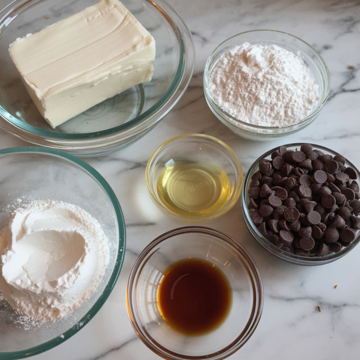 Overhead image of cream cheese, powdered sugar, chocolate chips, vanilla, and coconut oil on a white marble counter for making chocolate cheesecake bites.